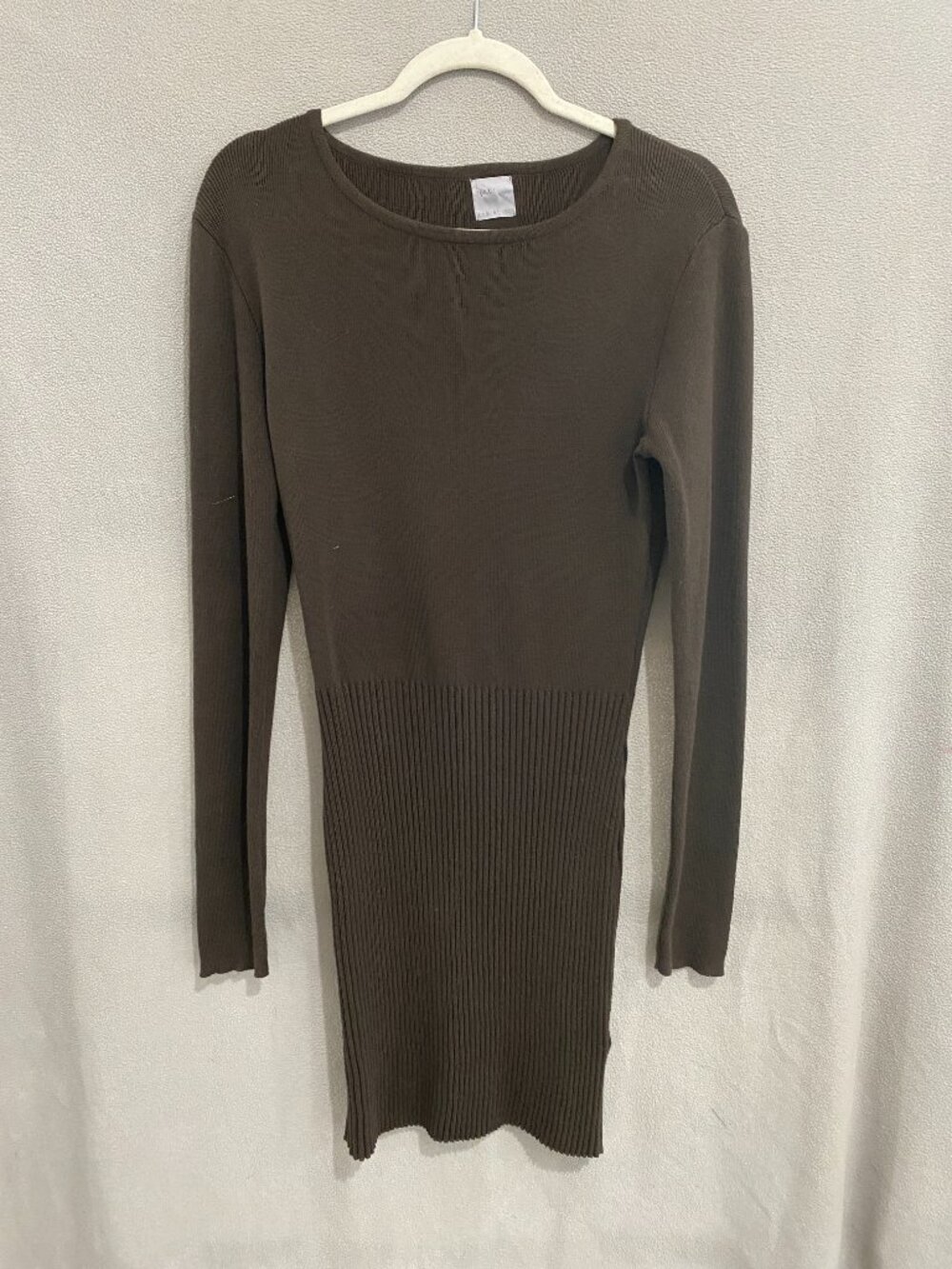 Tricot Brown Ribbed Knit Midi Dress Long Sleeve Fitted Stretch Cotton Dress